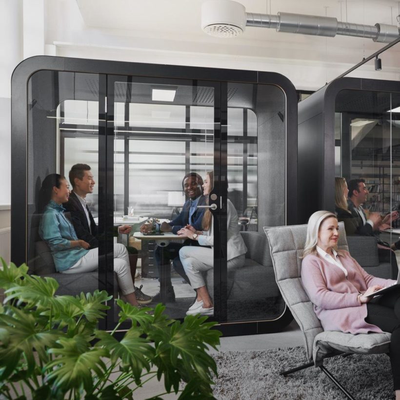 People meeting in a Framery soundproof office pod