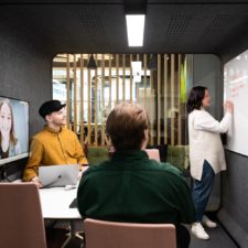 Framery 2Q soundproof meeting pod with people working together