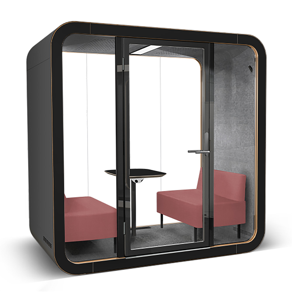 Black Framery Q meeting pod with a Meeting Maggie layout.
