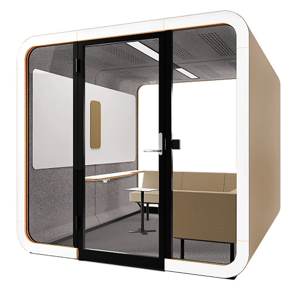 Sand colored Framery 2Q meeting room in a lounge layout that comes with a cornered couch.