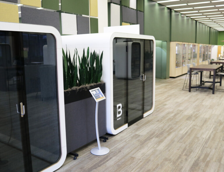White Framery Q office meeting pods in Baylor University