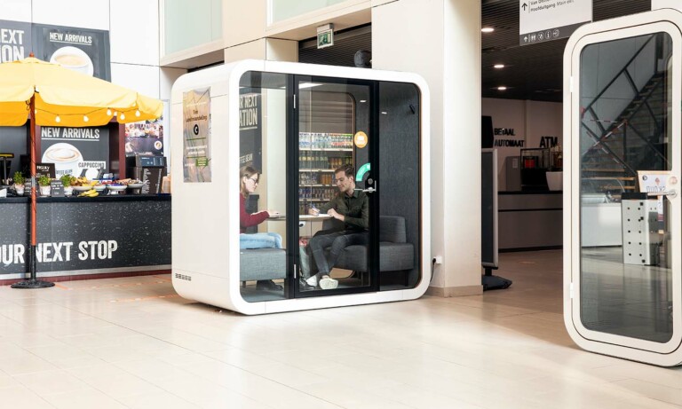 Framery Q meeting pod used as a quiet study space in Hanze University of Applied Sciences.